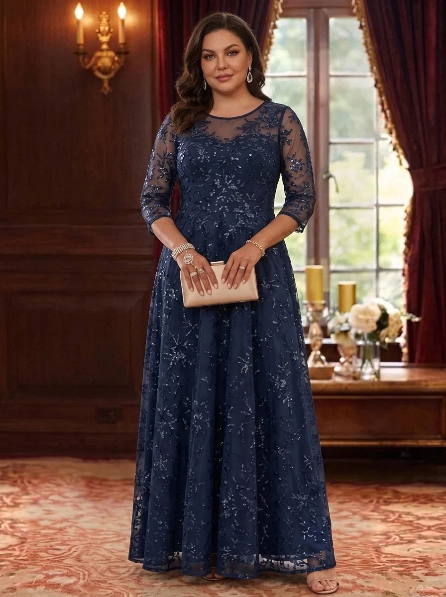 A-Line/Princess Scoop Plus Size Mother of the Bride Dresses Lace Sequins 3/4 Sleeves Floor Length