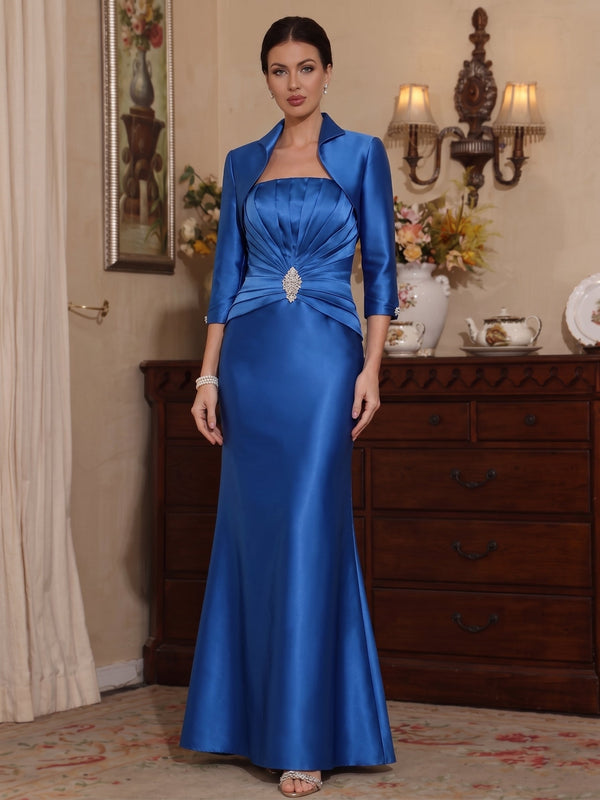 Trumpet/Mermaid Shirt Collar Satin Mother of The Bride Dresses with Jacket 3/4 Sleeves Ruched Rhinestone Floor-Length