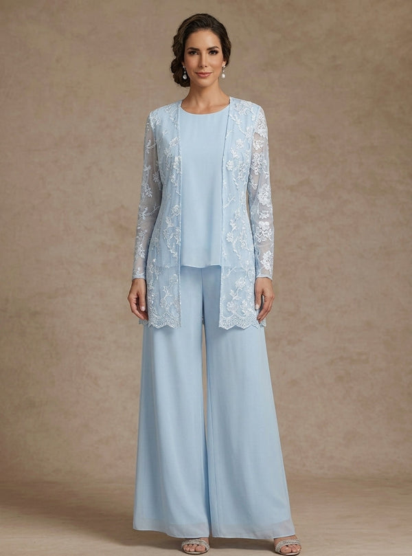 3 Pieces Chiffon Scoop Mother of the Bride Pantsuits with Jacket Lace Floral Ankle-Length Long Sleeves
