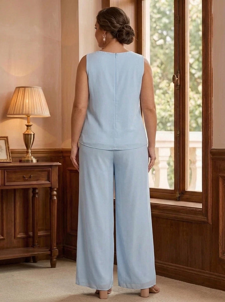3 Pieces Chiffon Scoop Plus Size Mother of the Bride Pantsuits with Jacket Lace Floral Ankle-Length Long Sleeves