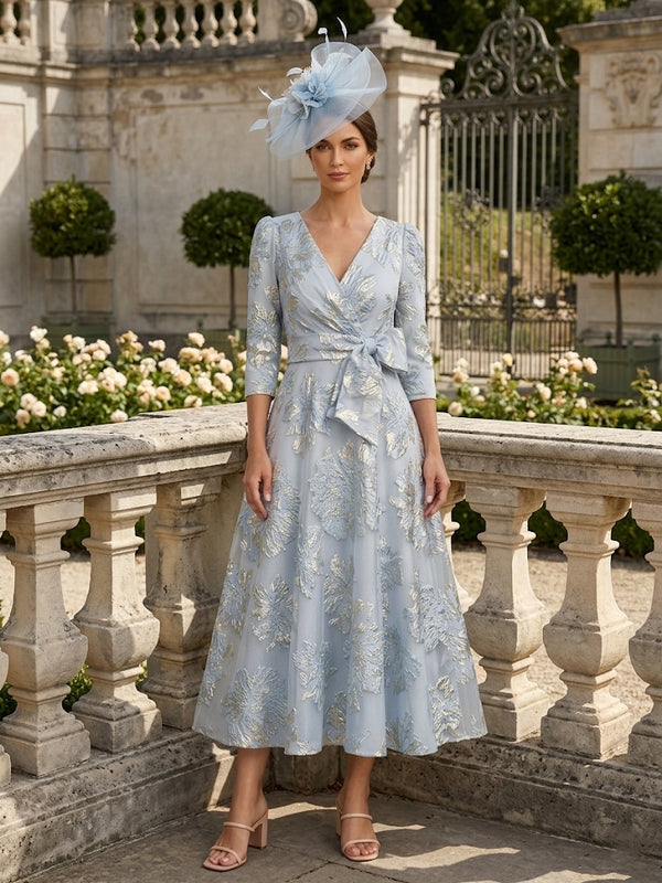 A-Line/Princess V-Neck Jacquard Mother of the Bride Dresses 3/4 Sleeves Floral Tea-Length Bowknot