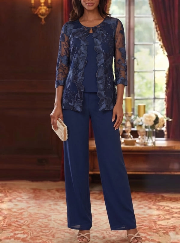 3 Pieces Chiffon Scoop Mother of the Bride Pantsuits with Lace Floral Jacket Ankle-Length 3/4 Sleeves