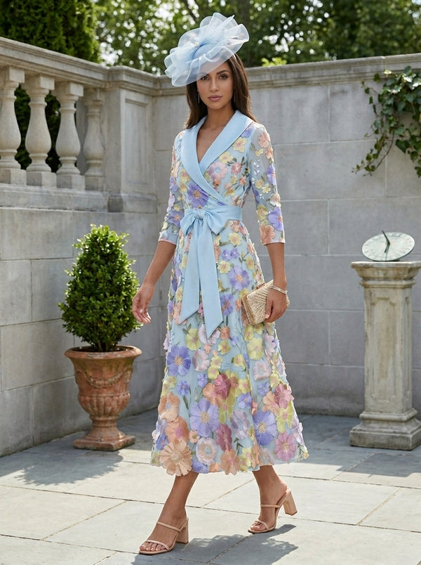 A-Line/Princess V-Neck Satin Mother of The Bride Dresses 3/4 Sleeves Lace Floral Tea-Length Bowknot