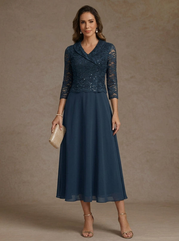A-Line/Princess V-Neck Chiffon Mother of the Bride Dresses 3/4 Sleeves Lace Sequins Tea-Length