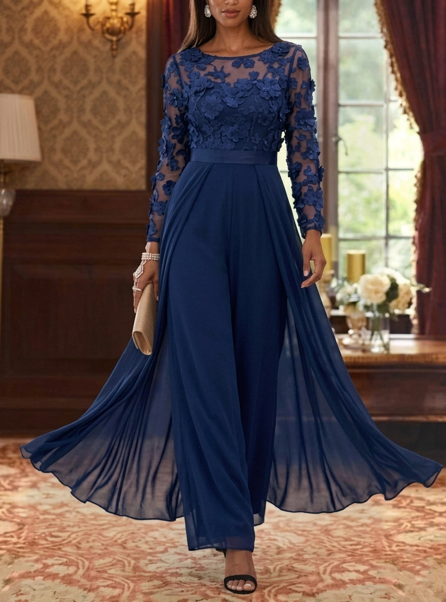 Jumpsuit Scoop Chiffon Mother of the Bride Jumpsuit with Overskirt Long Sleeves Lace Floral Ankle-Length