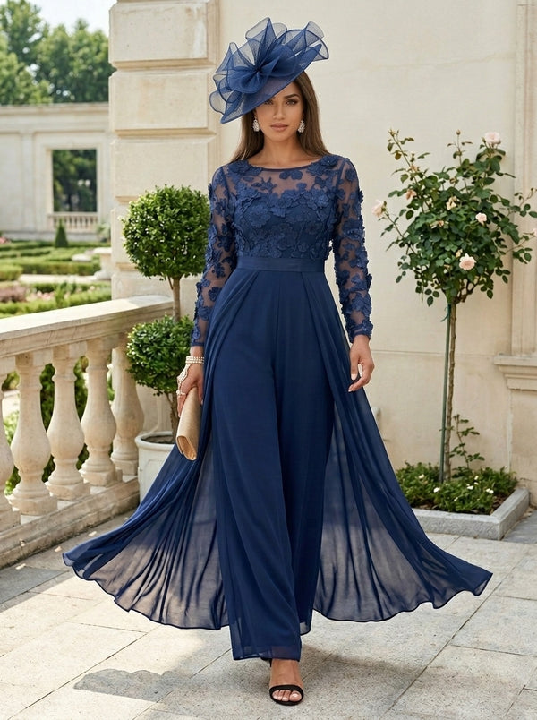 Jumpsuit Scoop Chiffon Mother of the Bride Jumpsuit with Overskirt Long Sleeves Lace Floral Ankle-Length