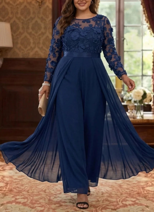 Jumpsuit Scoop Chiffon Plus Size Mother of the Bride Jumpsuit with Overskirt Long Sleeves Lace Floral Ankle-Length