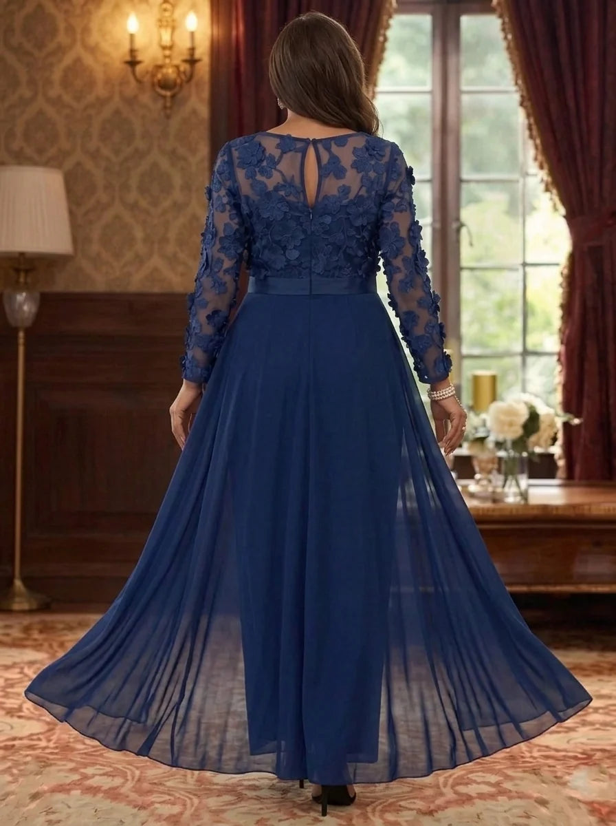 Jumpsuit Scoop Chiffon Plus Size Mother of the Bride Jumpsuit with Overskirt Long Sleeves Lace Floral Ankle-Length