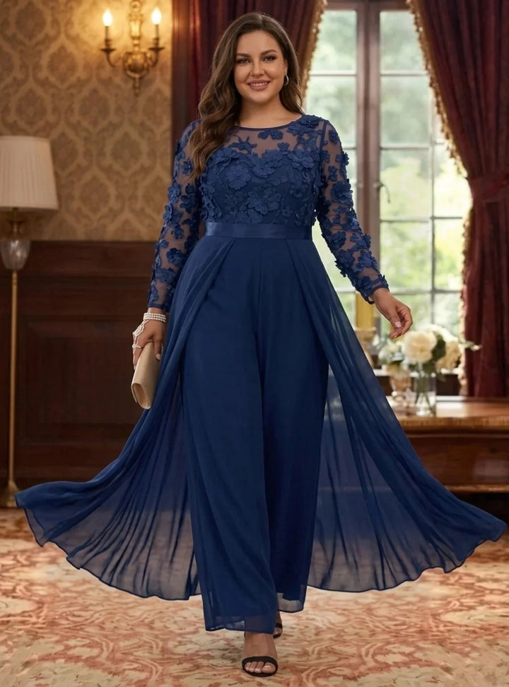 Jumpsuit Scoop Chiffon Plus Size Mother of the Bride Jumpsuit with Overskirt Long Sleeves Lace Floral Ankle-Length