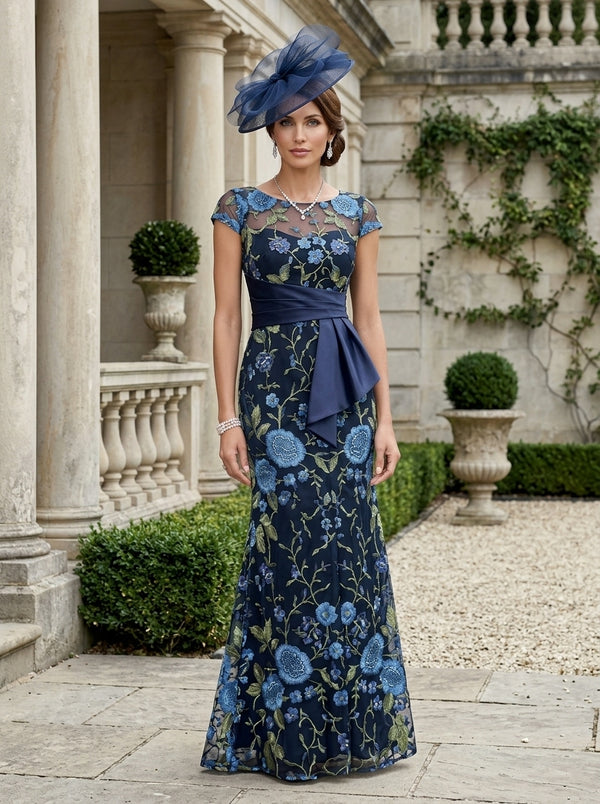 Trumpet/Mermaid Scoop Lace Floral Mother of the Bride Dresses with Sash Short Sleeves Floor-Length