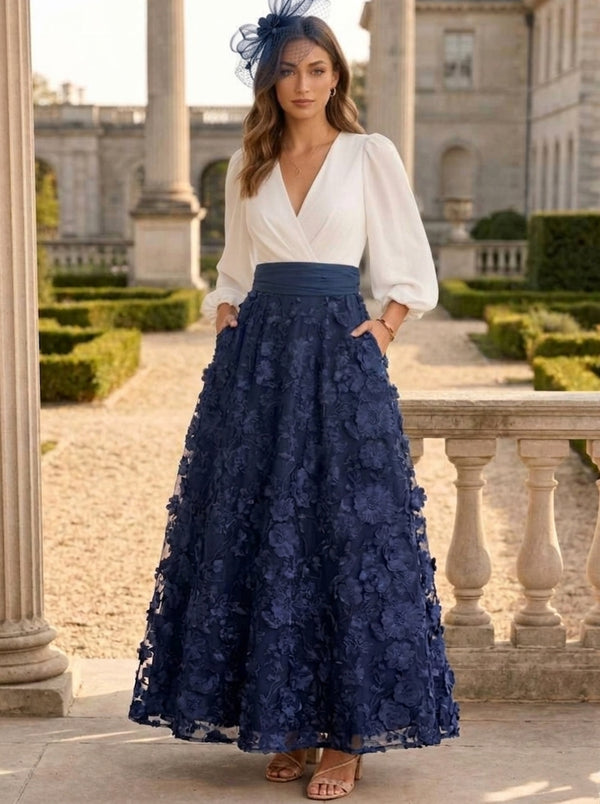 A-Line/Princess V-Neck Lace Floral Mother of the Bride Dresses 3/4 Sleeves Ankle-Length