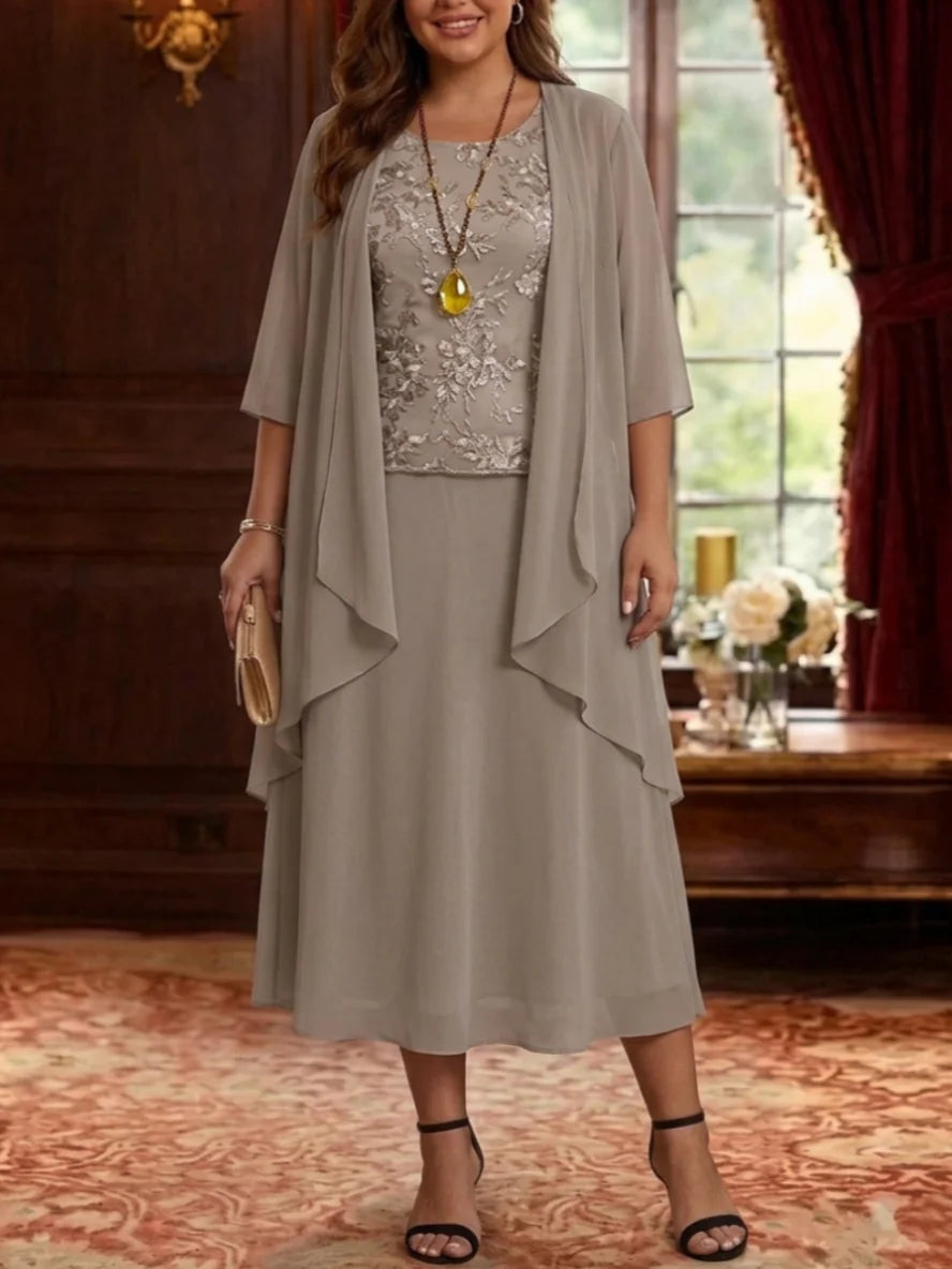 2 Pieces A-Line/Princess Scoop Chiffon Plus Size Mother of the Bride Dresses with Jacket 3/4 Sleeves Tea-Length Lace