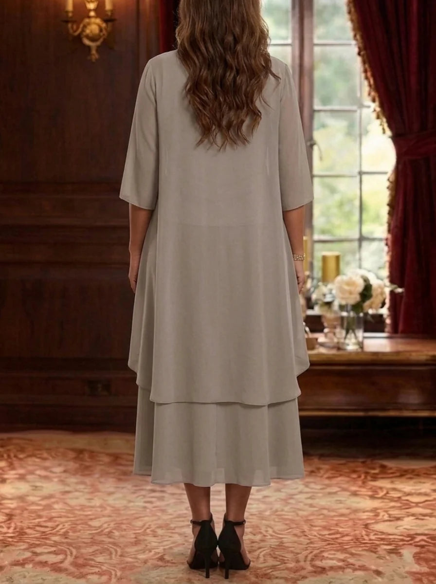 2 Pieces A-Line/Princess Scoop Chiffon Plus Size Mother of the Bride Dresses with Jacket 3/4 Sleeves Tea-Length Lace