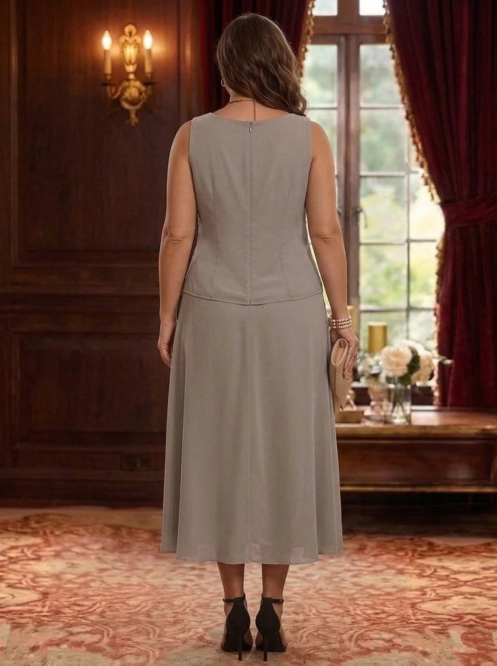 2 Pieces A-Line/Princess Scoop Chiffon Plus Size Mother of the Bride Dresses with Jacket 3/4 Sleeves Tea-Length Lace