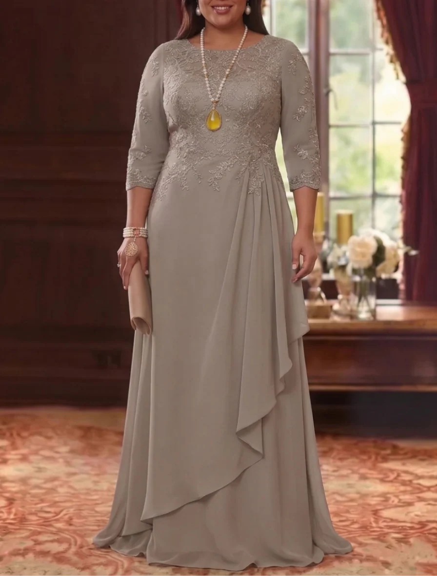 A-Line/Princess Scoop Chiffon Plus Size Mother of the Bride Dresses 3/4 Sleeves Lace Floor-Length With Pleated