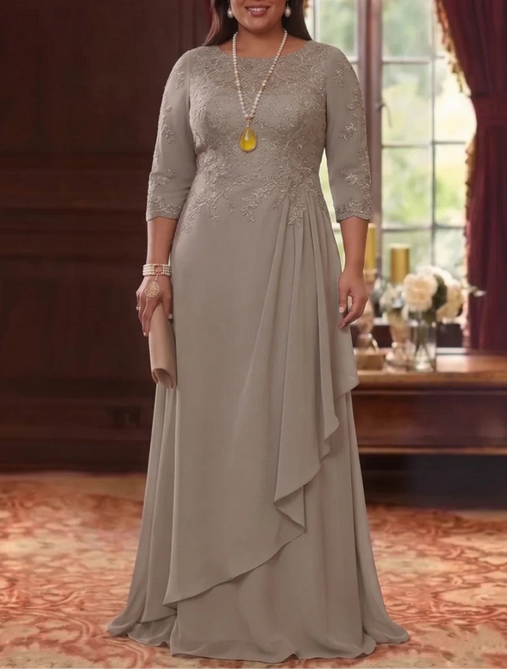 A-Line/Princess Scoop Chiffon Plus Size Mother of the Bride Dresses 3/4 Sleeves Lace Floor-Length With Pleated