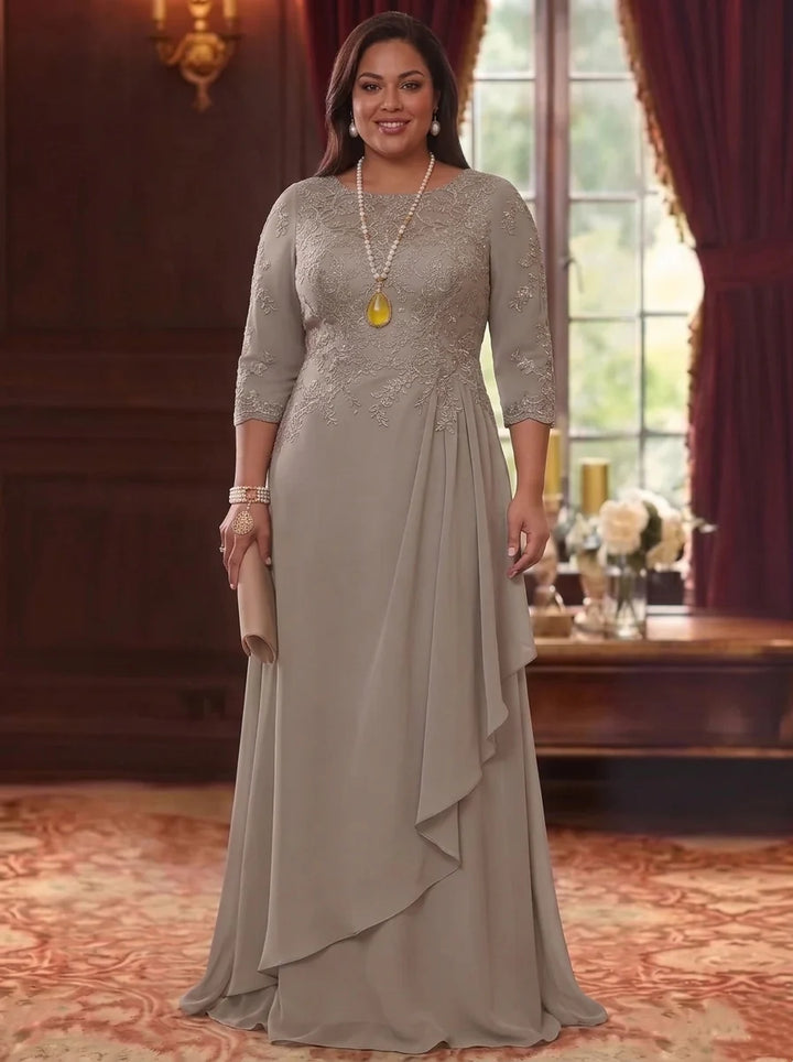 A-Line/Princess Scoop Chiffon Plus Size Mother of the Bride Dresses 3/4 Sleeves Lace Floor-Length With Pleated