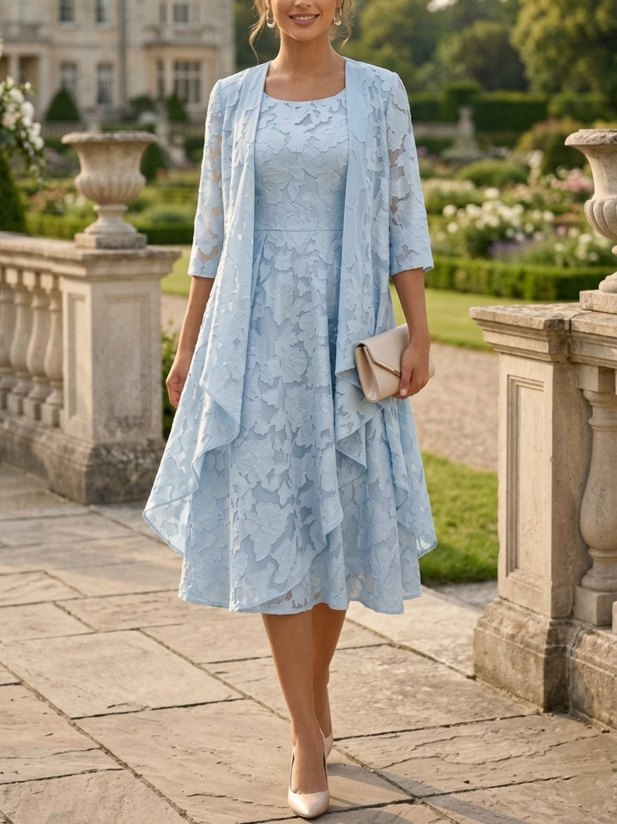 A-Line/Princess Scoop Chiffon Floral Mother of the Bride Dresses with Jacket Tea-Length 3/4 Sleeves Ruffles