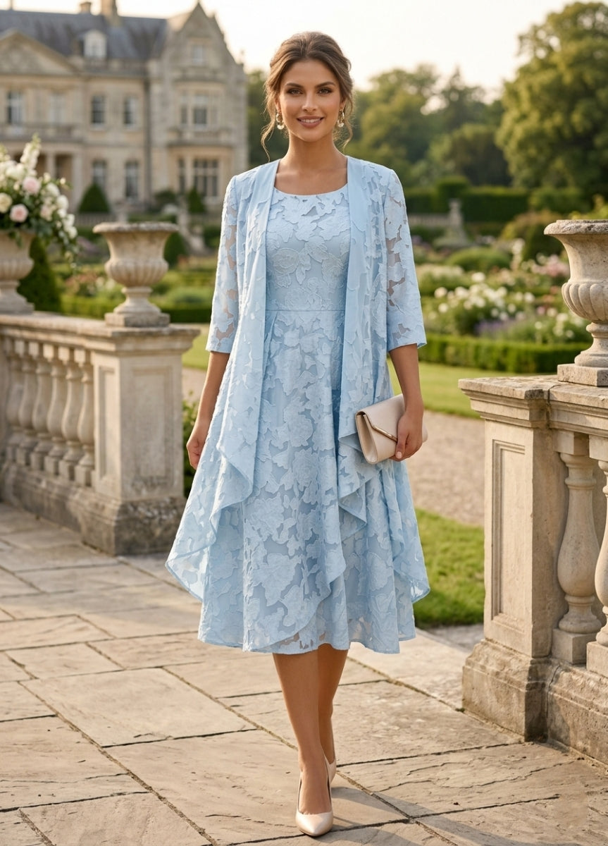A-Line/Princess Scoop Chiffon Floral Mother of the Bride Dresses with Jacket Tea-Length 3/4 Sleeves Ruffles