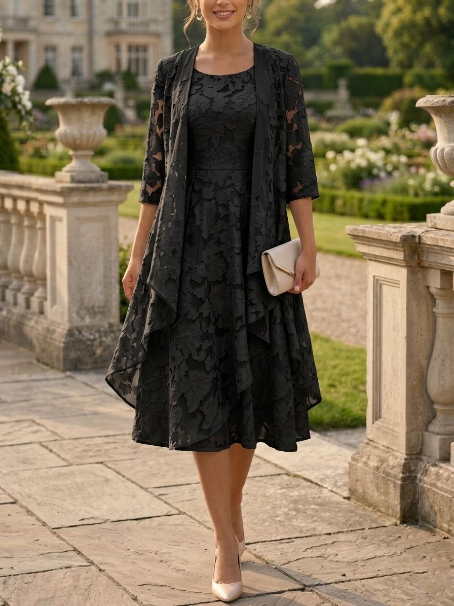 A-Line/Princess Scoop Chiffon Floral Mother of the Bride Dresses with Jacket Tea-Length 3/4 Sleeves Ruffles