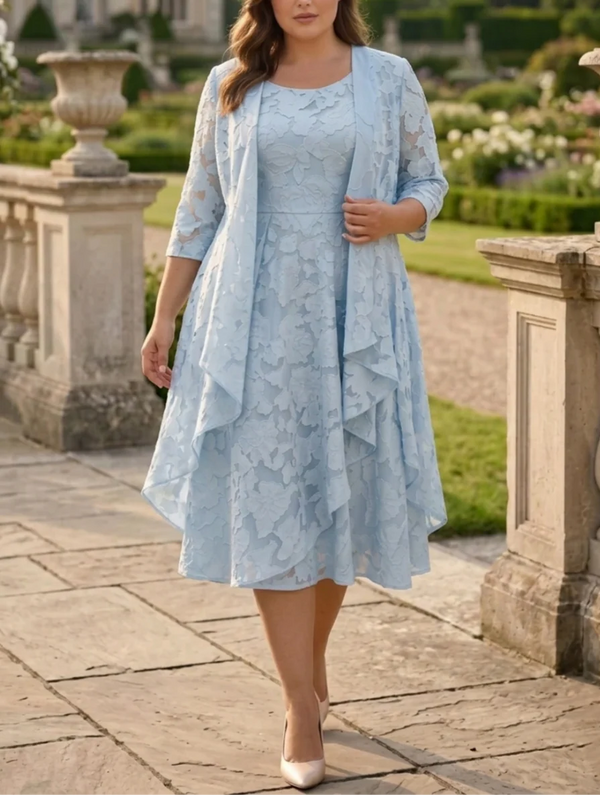 A-Line/Princess Scoop Chiffon Floral Plus Size Mother of the Bride Dresses with Jacket Tea-Length 3/4 Sleeves Ruffles
