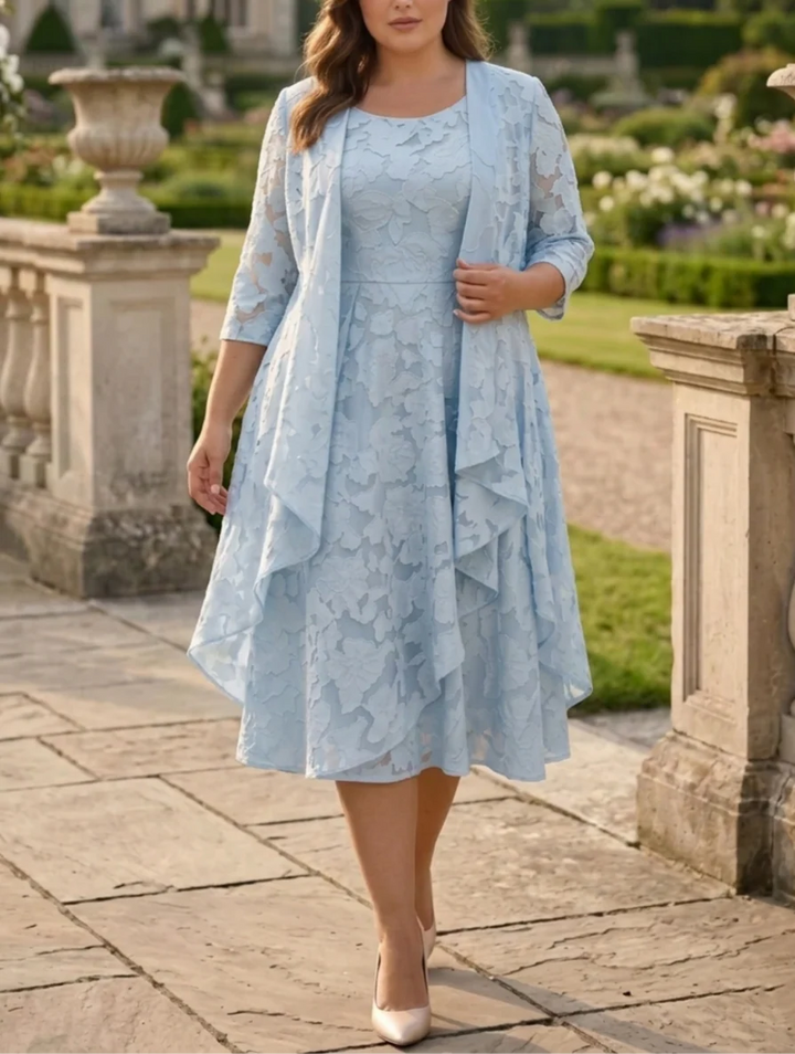 A-Line/Princess Scoop Chiffon Floral Plus Size Mother of the Bride Dresses with Jacket Tea-Length 3/4 Sleeves Ruffles