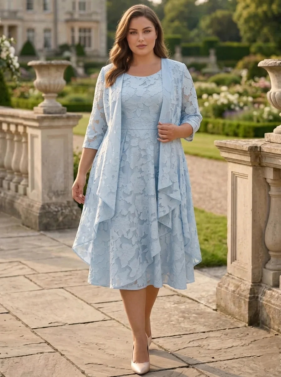 A-Line/Princess Scoop Chiffon Floral Plus Size Mother of the Bride Dresses with Jacket Tea-Length 3/4 Sleeves Ruffles