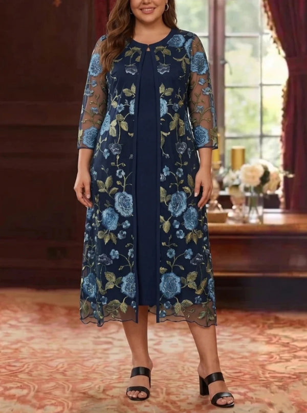 2 Pieces A-Line/Princess Plus Size V-Neck Chiffon Mother of the Bride Dresses with Jacket Floral 3/4 Sleeves Tea-Length