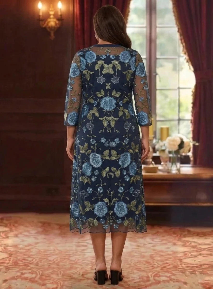 2 Pieces A-Line/Princess Plus Size V-Neck Chiffon Mother of the Bride Dresses with Jacket Floral 3/4 Sleeves Tea-Length