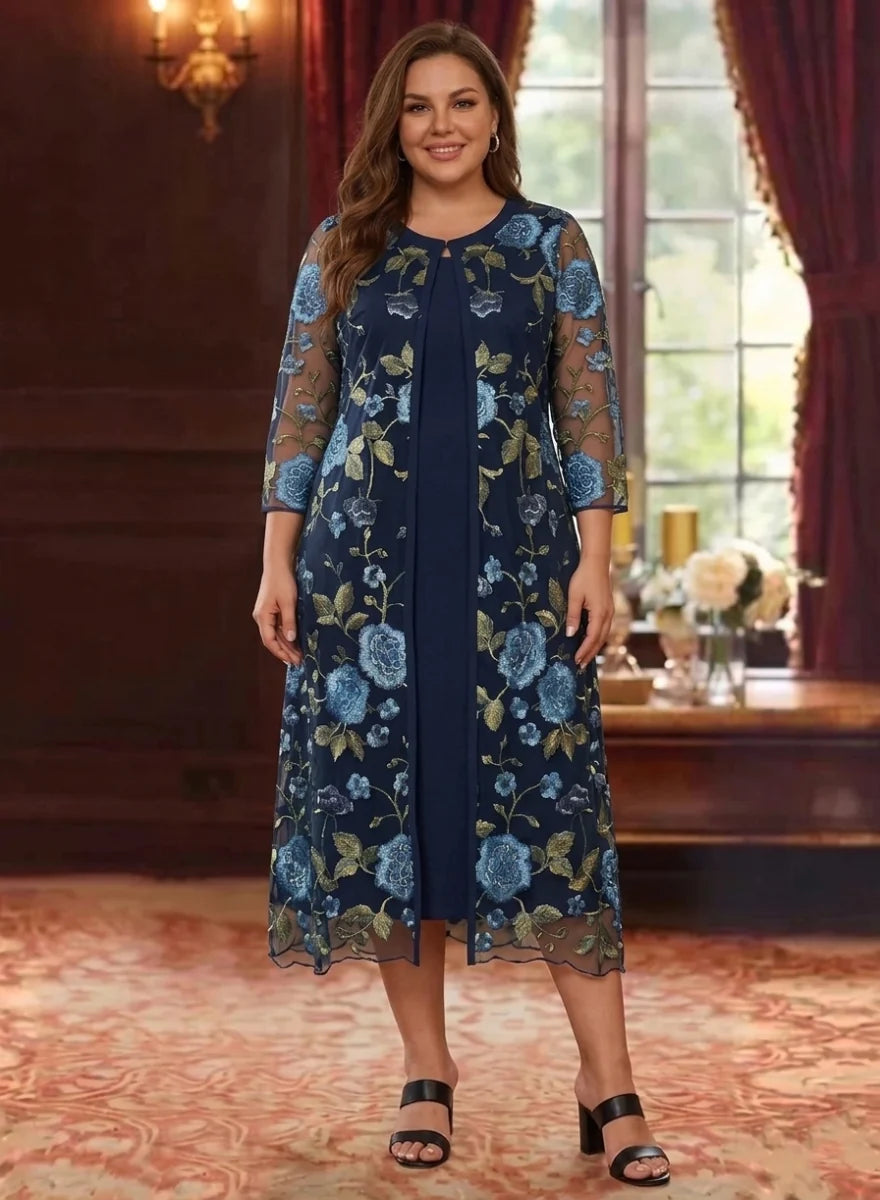 2 Pieces A-Line/Princess Plus Size V-Neck Chiffon Mother of the Bride Dresses with Jacket Floral 3/4 Sleeves Tea-Length