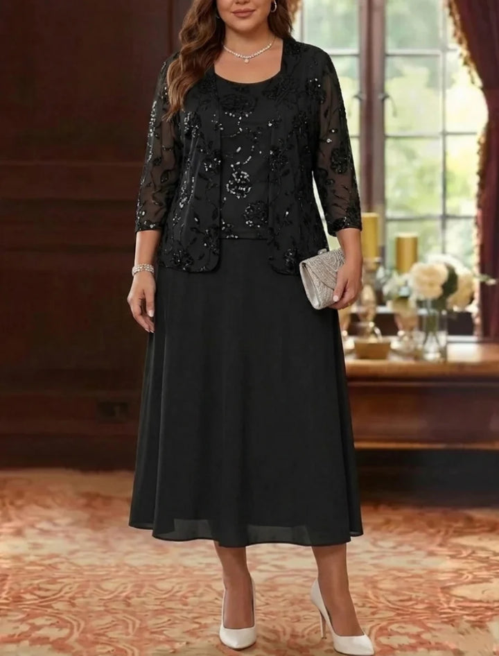 A-Line/Princess Scoop Chiffon Plus Size Mother of the Bride Dresses with Jacket Sequins Tea-Length 3/4 Sleeves Floral