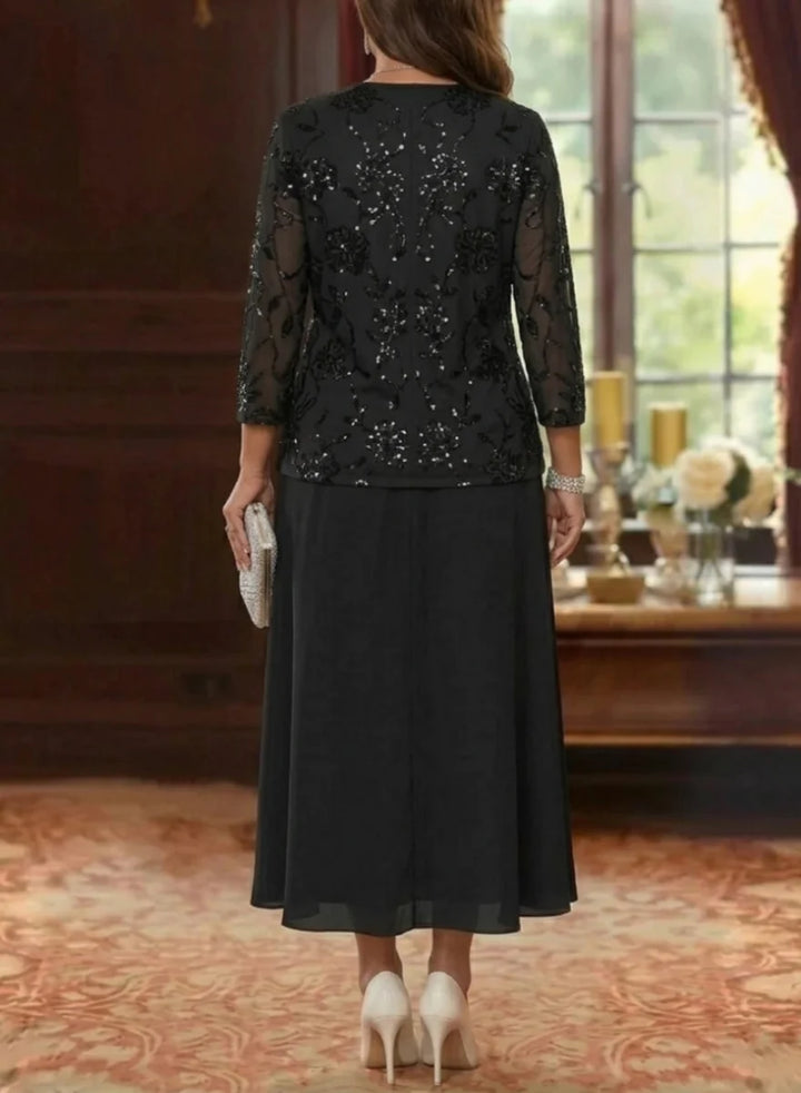 A-Line/Princess Scoop Chiffon Plus Size Mother of the Bride Dresses with Jacket Sequins Tea-Length 3/4 Sleeves Floral