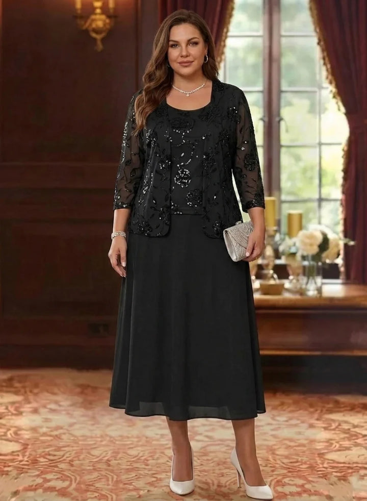 A-Line/Princess Scoop Chiffon Plus Size Mother of the Bride Dresses with Jacket Sequins Tea-Length 3/4 Sleeves Floral