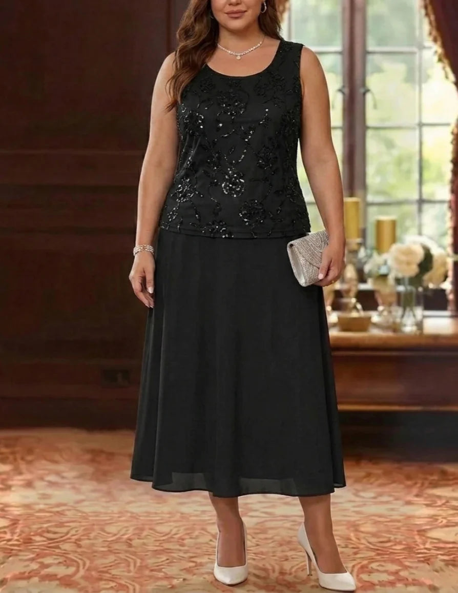 A-Line/Princess Scoop Chiffon Plus Size Mother of the Bride Dresses with Jacket Sequins Tea-Length 3/4 Sleeves Floral