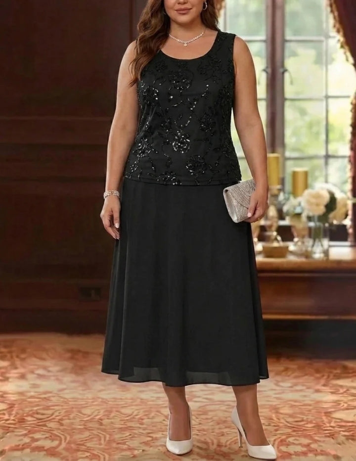 A-Line/Princess Scoop Chiffon Plus Size Mother of the Bride Dresses with Jacket Sequins Tea-Length 3/4 Sleeves Floral