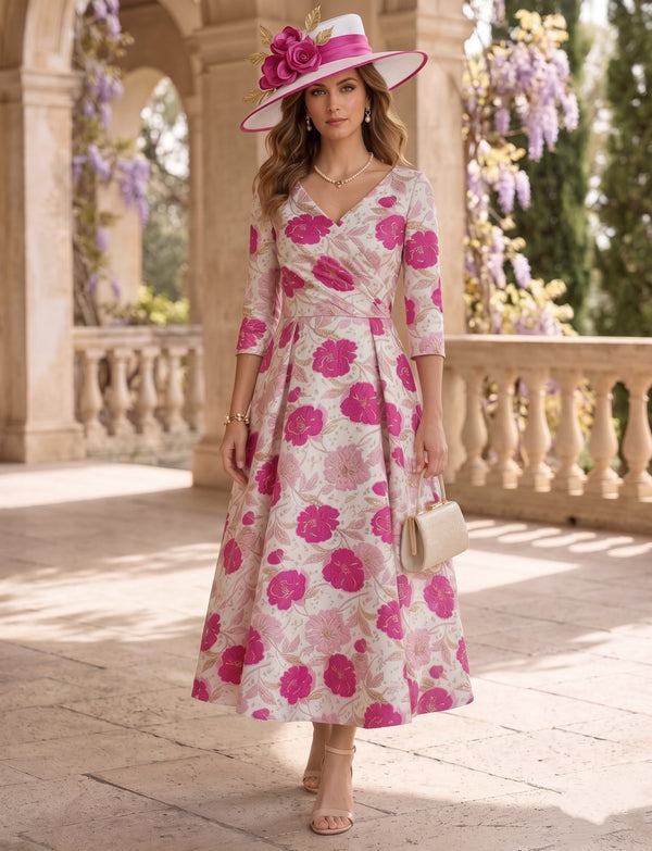 A-Line/Princess V-Neck Jacquard Mother of the Bride Dresses Floral Tea-Length 3/4 Sleeves