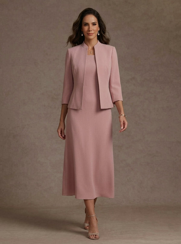 2 Pieces Sheath/Column Square Collar Stretch Satin Mother of the Bride Dresses with Jacket 3/4 Sleeves Tea-Length