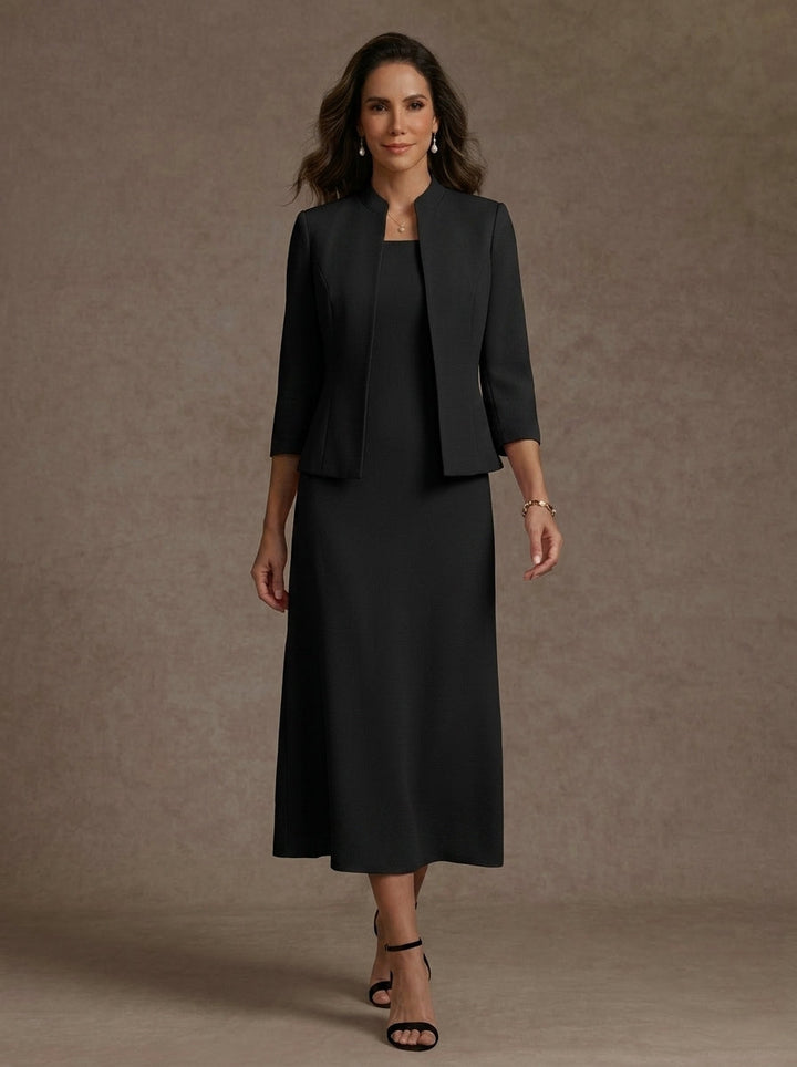 2 Pieces Sheath/Column Square Collar Stretch Satin Mother of the Bride Dresses with Jacket 3/4 Sleeves Tea-Length