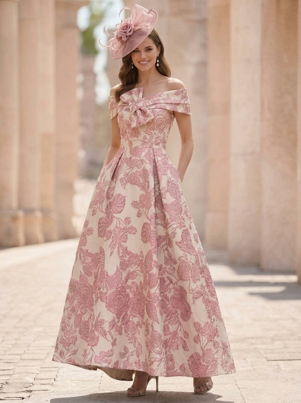 A-Line/Princess Off-the-Shoulder Jacquard Mother of the Bride Dresses with Bowknot Floral Ankle-Length Sleeveless