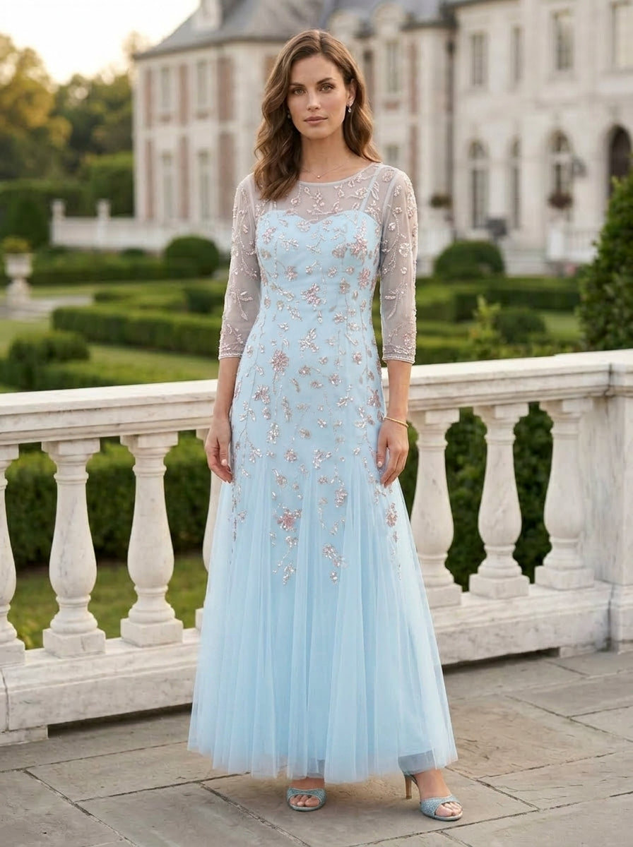 A-Line/Princess Scoop Tulle Mother of the Bride Dresses Sequins Floral Ankle-Length 3/4 Sleeves