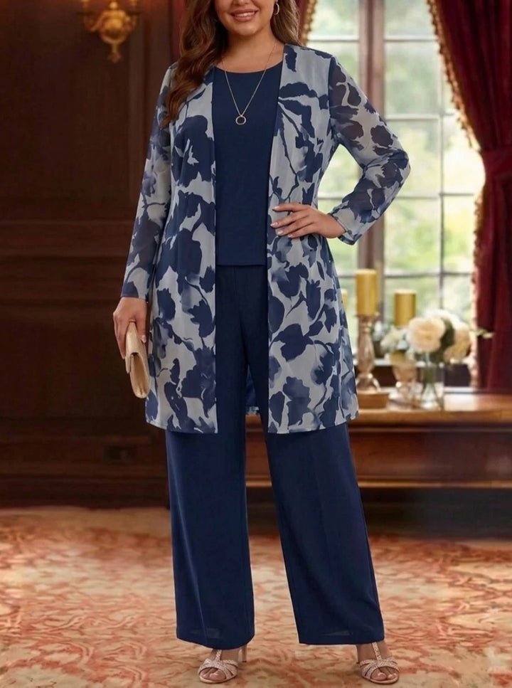 3 Pieces Suit Scoop Chiffon Plus Size Mother of the Bride Pantsuits with Jacket Floral Long Sleeves Ankle-Length