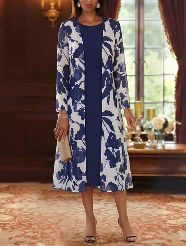 2 Pieces A-Line/Princess Scoop Chiffon Mother of the Bride Dresses with Jacket Floral Long Sleeves Tea-Length
