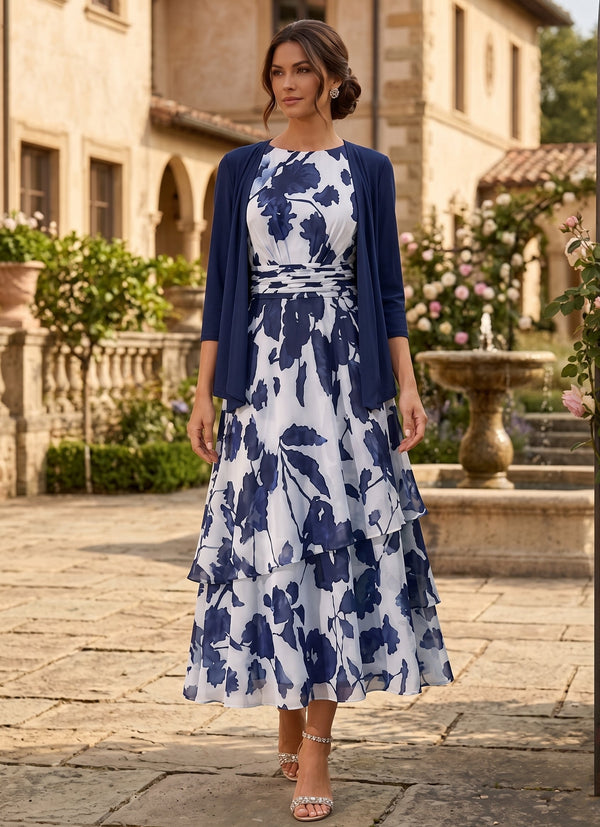 2 Pieces A-Line/Princess Scoop Chiffon Mother of the Bride Dresses with Jacket Floral 3/4 Sleeves Tea-Length Ruched Ruffles