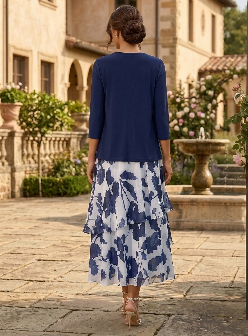 2 Pieces A-Line/Princess Scoop Chiffon Mother of the Bride Dresses with Jacket Floral 3/4 Sleeves Tea-Length Ruched Ruffles