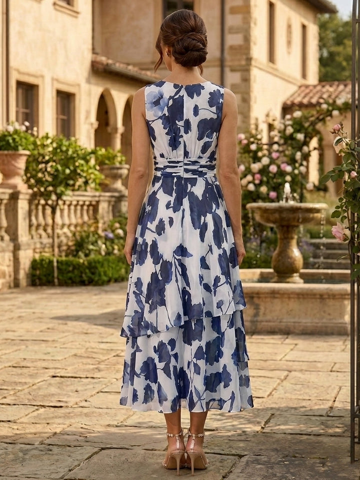 2 Pieces A-Line/Princess Scoop Chiffon Mother of the Bride Dresses with Jacket Floral 3/4 Sleeves Tea-Length Ruched Ruffles