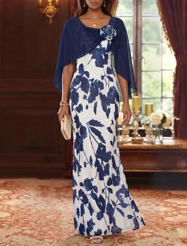 Sheath/Column Scoop Chiffon Mother of the Bride Dresses with 3D Flower Floral Cape Sleeves Floor-Length
