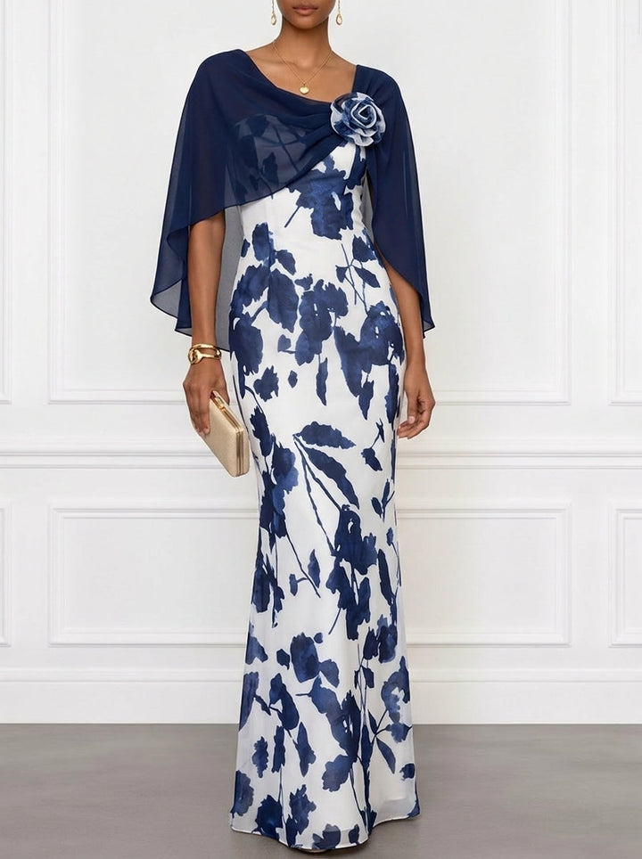 Sheath/Column Scoop Chiffon Mother of the Bride Dresses with 3D Flower Floral Cape Sleeves Floor-Length