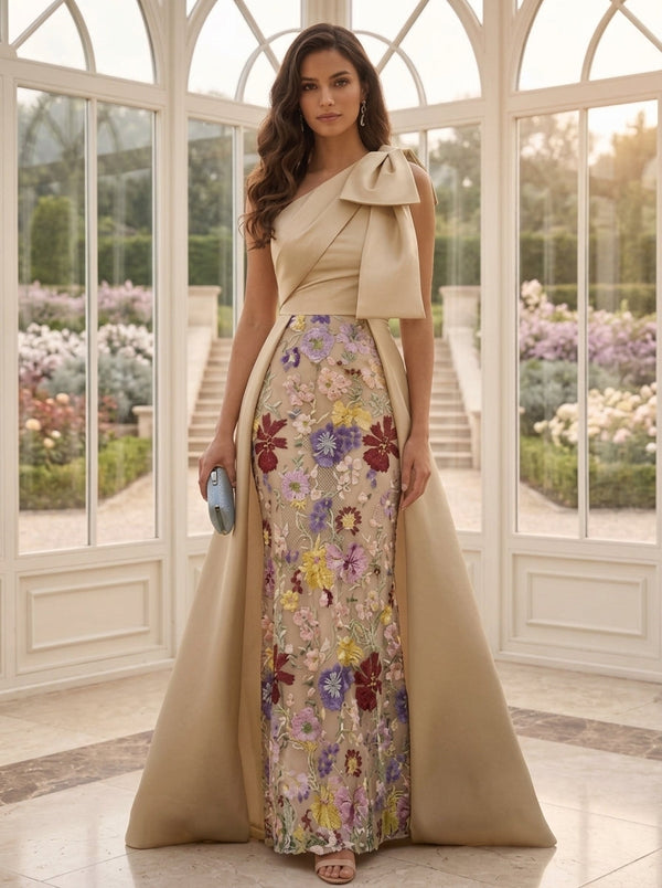 Sheath/Column One-Shoulder Satin Mother of the Bride Dresses with Overskirt Lace Floral Sleeveless Floor-Length Bowknot