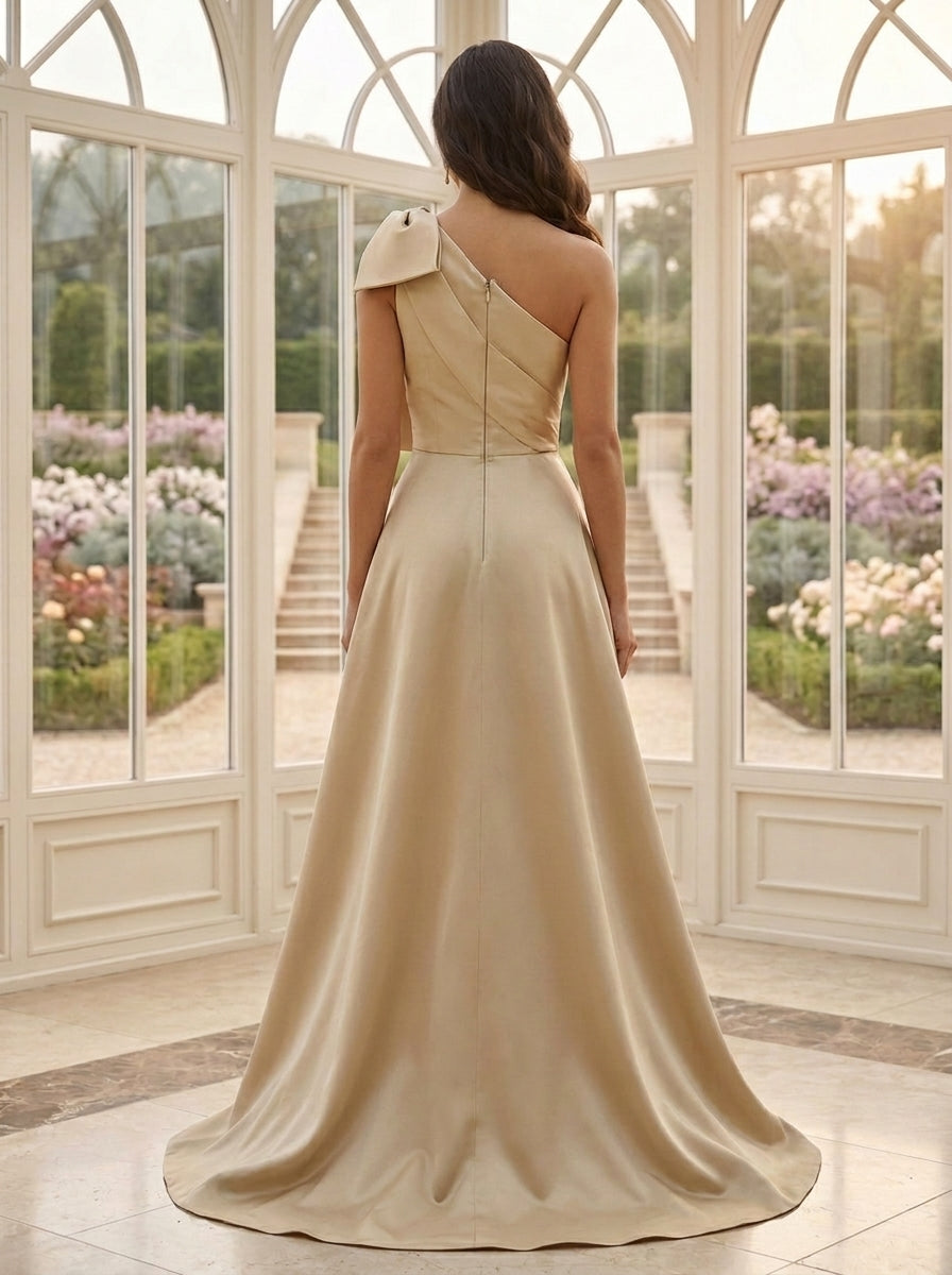 Sheath/Column One-Shoulder Satin Mother of the Bride Dresses with Overskirt Lace Floral Sleeveless Floor-Length Bowknot