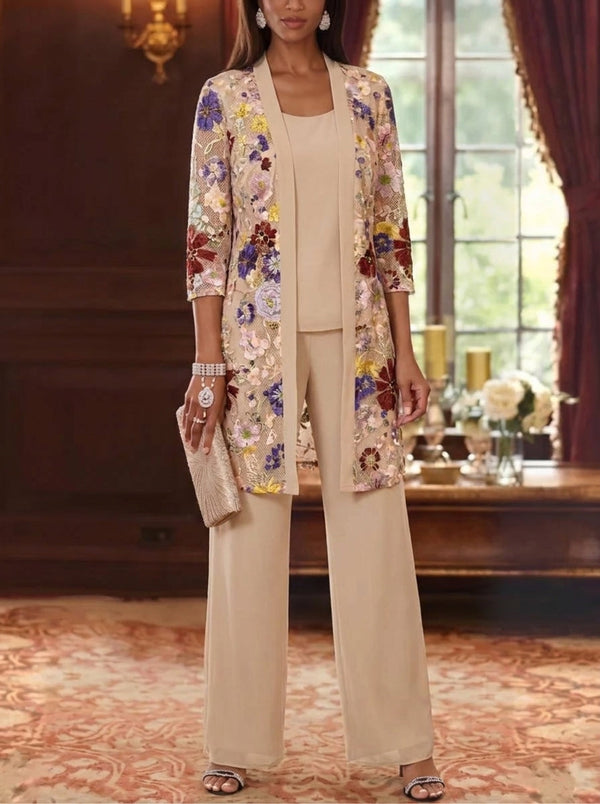 3 Pieces Chiffon Scoop  Mother of the Bride Pantsuits with Jacket Ankle-Length 3/4 Sleeves Lace Floral